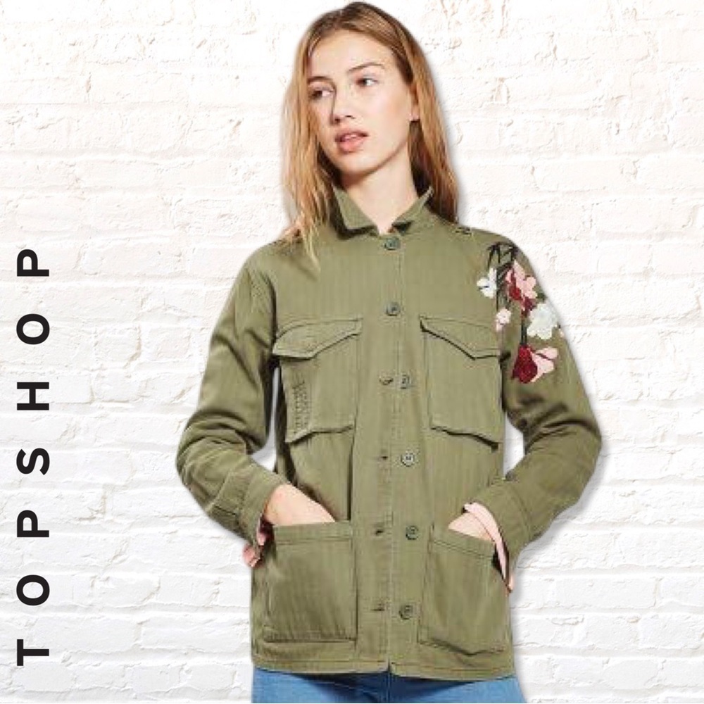 Top shop Olive Green Herringbone Military Jacket with Floral Embroidery size 2 - Picture 1 of 11